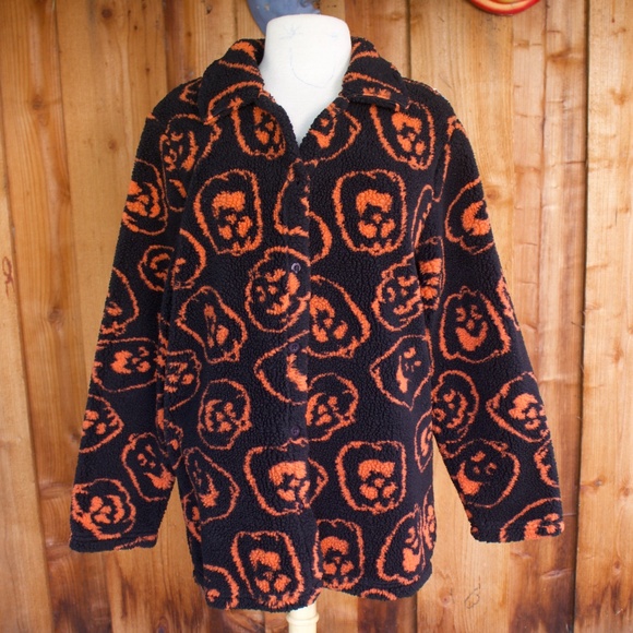 Vintage The Quacker Factory Halloween Jack-O-Lantern Sherpa Button Down Jacket - Picture 1 of 17